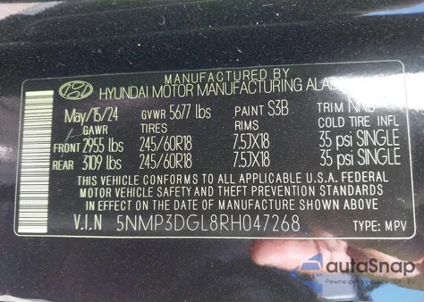 2024 Hyundai Santa Fe Xrt from USA, damaged, VIN 5NMP3DGL8RH047268